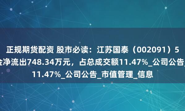 正规期货配资 股市必读：江苏国泰（002091）5月15日主力资金净流出748.34万元，占总成交额11.47%_公司公告_市值管理_信息